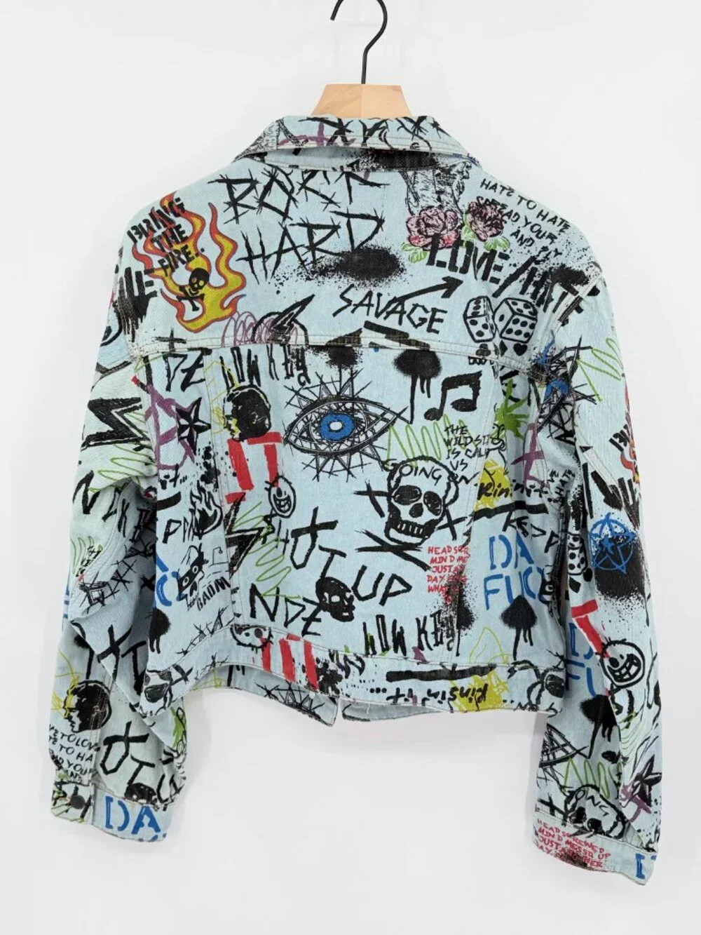 AKIRA Graffiti Print Cropped Denim Jacket Women's Large L EUC Punk Rock Streetwe - Picture 3 of 7